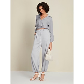 Foto: Satijnen turndown shirt met lange mouwen en elegante broek tweedelige set women s clothing two piece