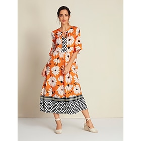 Foto: Dames ruimvallend swingjurk jurk met print maxi oranje 3 4 mouw geometrisch bloemenprint opdrukken l