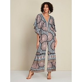 Foto: Jumpsuit met magyaarse mouwen en diepe v hals van satijn volksprint women s clothing jumpsuits rompe