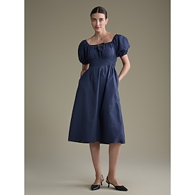 Foto: Dames elegante jurk marineblauw korte mouw effen kleur strik voorkant elastische taille lente zomer 